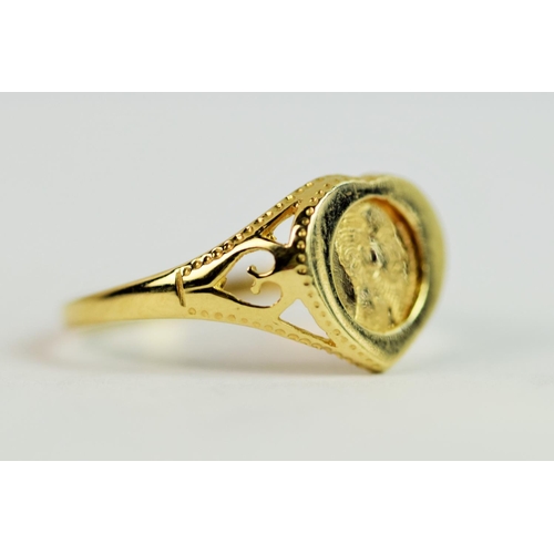 214 - 9ct Yellow Gold ring set with small Mexican Coin. (see photos)  Finger size 'O'    1.5g