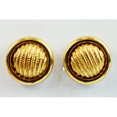 239 - Pair of 9ct Yellow Gold circular earrings with textured centres. Each 13mm diameter. 1.8g