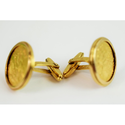 244 - Pair of 9ct yellow gold cufflinks each set with a 1915 Melbourne Half Sovereign.  9ct yellow gold mo... 