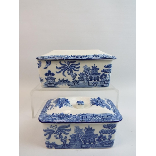 174 - 2 Gibson willow pattern lidded dishes, butter / pate dishes.