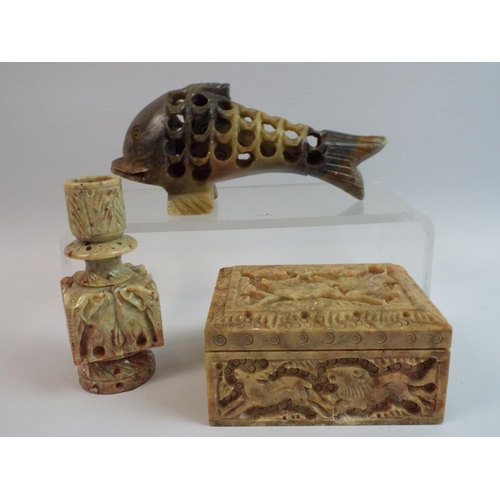 182 - 3 Asian soapstone carved items.
Lot 182: The fish has a glued repair to the bottom half of it's tail... 