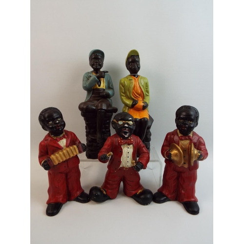 185 - 3 Jazz band figurines plus african couple figurines (the man has had a repair ).