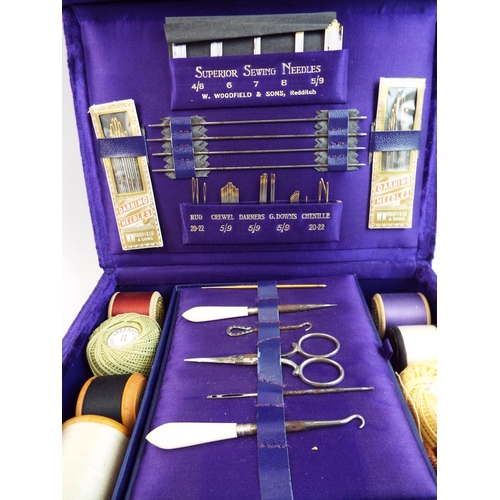 195 - WM Woodfield and son purple velour vintage sewing box set.