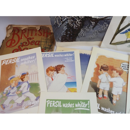 384 - Selection of Persil Advertising posters, British sea songs music booklet plus some decorative art pa... 