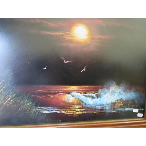 489 - Oil on board under glass of a moonlit seascape, together with a framed oil on board of a Colourful e... 