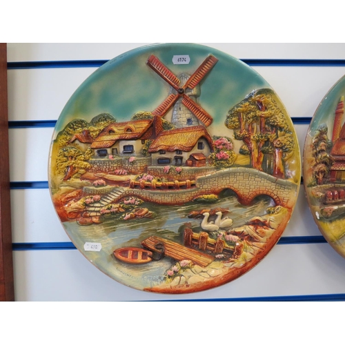 490 - Two raised 3D plaster circular plaques signed W.D. Usher , Each approx 14 inches in diameter. See ph... 