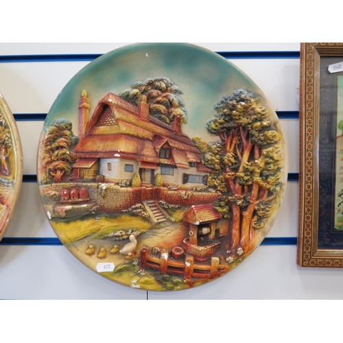 490 - Two raised 3D plaster circular plaques signed W.D. Usher , Each approx 14 inches in diameter. See ph... 