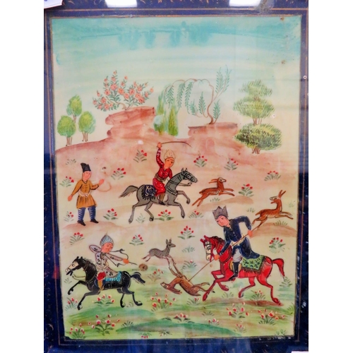 491 - Rajput style Hand painted on ceramic tile, Eastern Hunting scene. Cobalt border. Inlaid frame. Measu... 