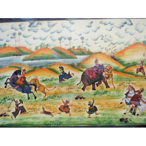 492 - Large Rajput Style Tiger hunting scene, handpainted onto silk. Framed and mounted under glass. Measu... 