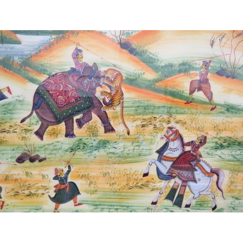 492 - Large Rajput Style Tiger hunting scene, handpainted onto silk. Framed and mounted under glass. Measu... 