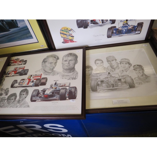 499 - Framed and mounted prints under glass of Formula one racing drivers/Cars. See photos.