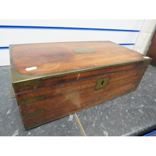 506 - Old Mahogany writing slope with brass reinforced corners, recessed brass side carry handles. Secret ... 