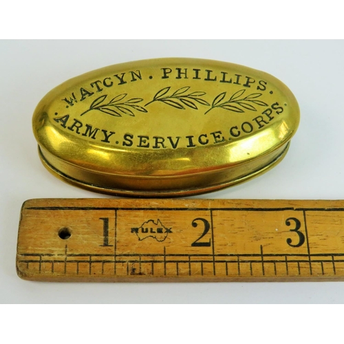 538 - Interesting brass snuff box inscribed with the name 'Watcyn Phillips' Army service corp.   With the ... 