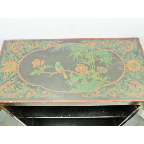 553 - Lovely Chinoiserie laquered cabinet with double door. Beautiful decoration to three sides showing Bi... 