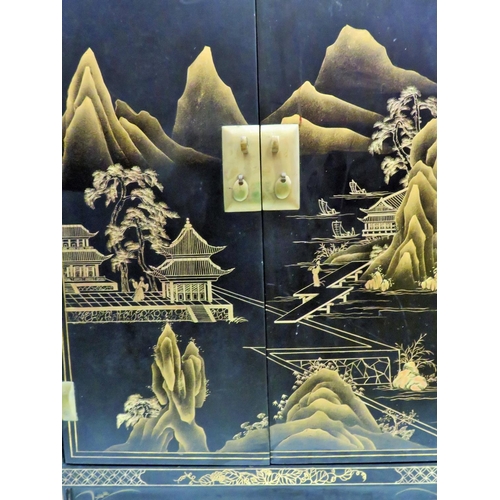 554 - Lovely Chinoiserie laquered cabinet with double door. Beautiful decoration to three sides showing Mo... 