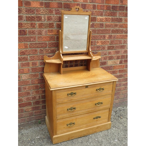 573 - Three drawer oak chest with Galleried top and tilting mirror H:50 X W:32 X D:17 inches . See photos.