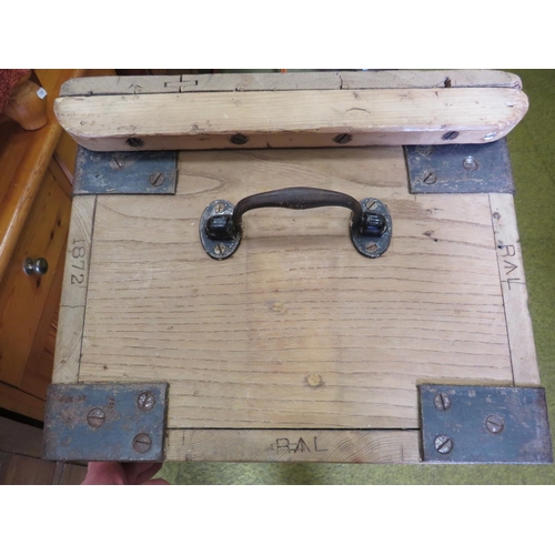 591 - Very Interesting old pine hinged top box, possibly old ammunition box. Has Arrowmarked initials to s... 