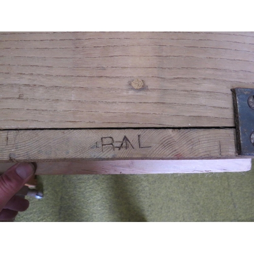 591 - Very Interesting old pine hinged top box, possibly old ammunition box. Has Arrowmarked initials to s... 