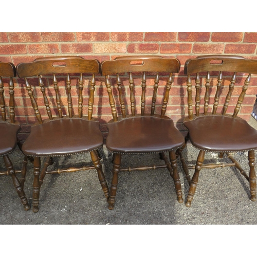 610 - Six, Stained pine leather upholstered bar chairs. See photos.