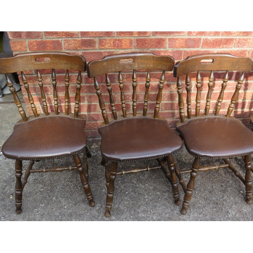 610 - Six, Stained pine leather upholstered bar chairs. See photos.