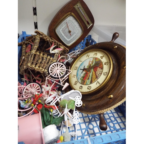 747 - Mixed lot to include barometer and thermometer, clock & novelty metal bike models.