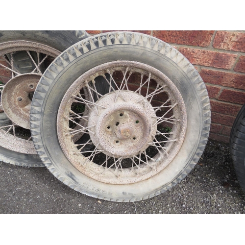 612 - Four Vintage Riley car wheels and tyres. Overal poor condition, for restoration or Decoration only