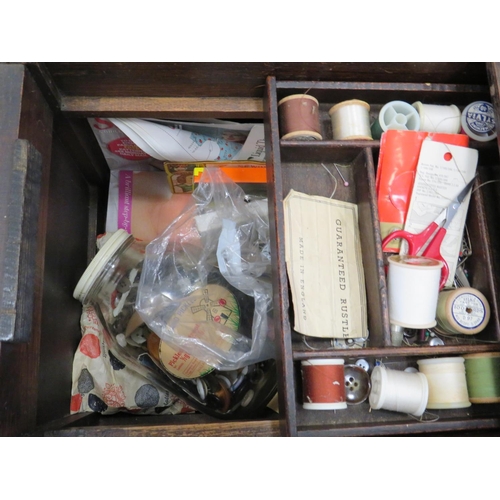 620 - 1930's Darkwood sewing box with contents. See photos