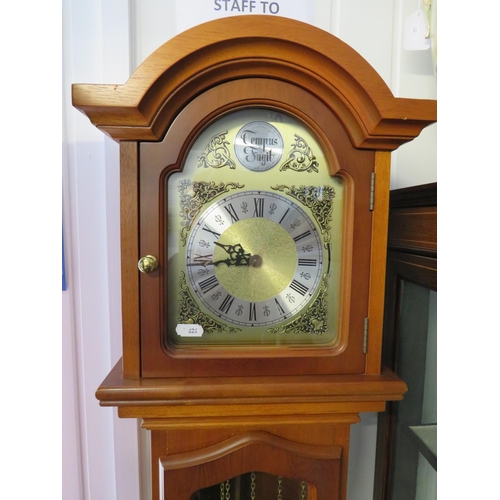 627 - Tempus fugit weight driven modern long case clock with brass face. Good working order.