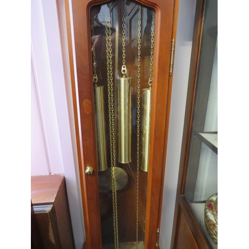 627 - Tempus fugit weight driven modern long case clock with brass face. Good working order.