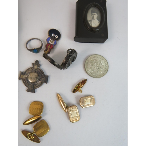 645 - Interesting mixed lot to include a Dunkerque medal with box, Silver fob & locket, ring, Hollow groun... 