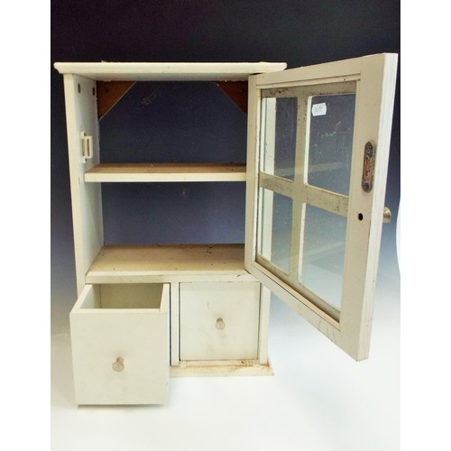 740 - Small wall cabinet with panelled glass door and 2 draws, 18