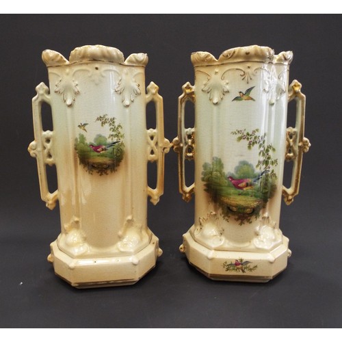 56 - Pair of diamond pottery blushware twin handle vases standing 11.5