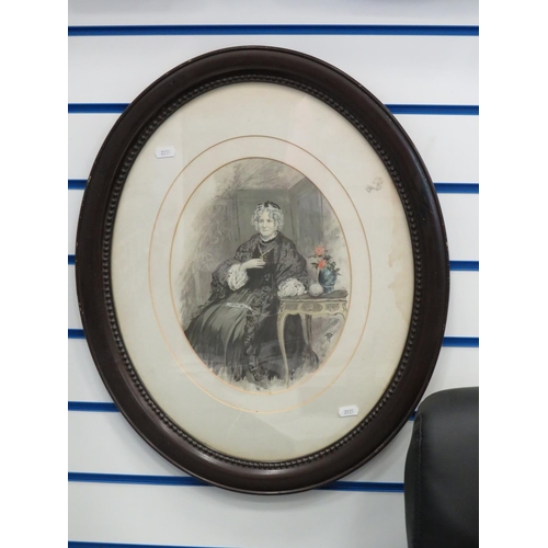 900 - Hand tinted lithograph of a Victorian lady. Framed and mounted under glass in an oval frame which me... 