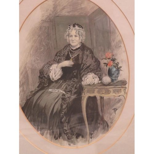 900 - Hand tinted lithograph of a Victorian lady. Framed and mounted under glass in an oval frame which me... 