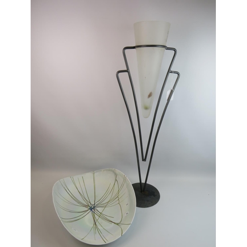 904 - Large metal framed art deco style vase with frosted glass centre which measures 33 inches tall toget... 