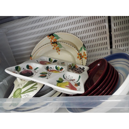 849 - 3 Large boxes of misc items, kitchen ware, dinner ware etc and 2 metal wall plaques.