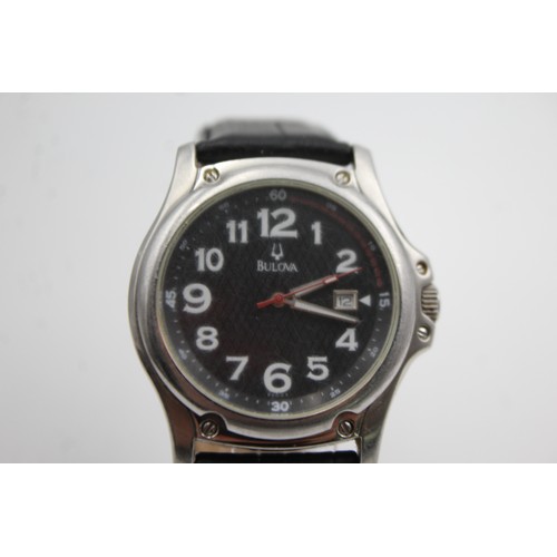 3 - BULOVA Gents watch with Black leather strap. Military style with date window. Quartz movement, runni... 