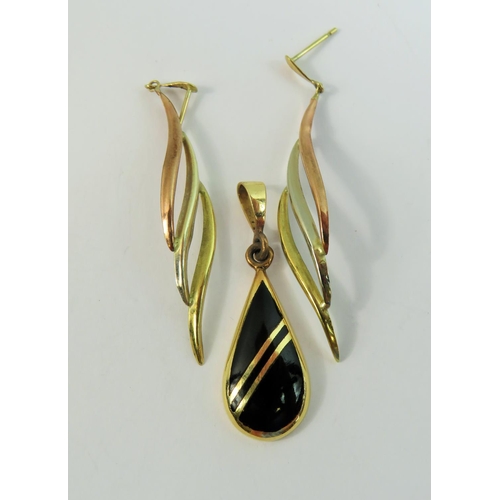 118 - Pair of Unmarked 9ct Yellow Gold earrings (no fasteners) together with a 14ct Gold Onyx set pendant.... 