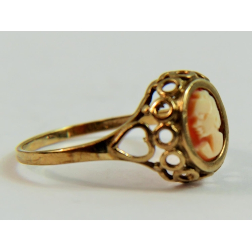 130 - 9ct Yellow Gold Shell Cameo ring with pierced galleried mount. Finger size 'P-5'   1.6g