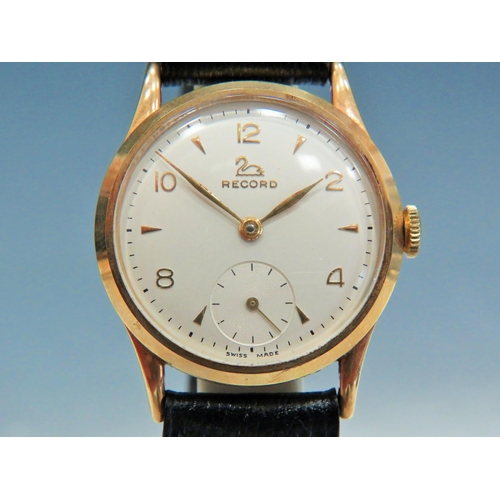 173 - Record 'Geneve' 15 Jewel Gents watch with 9ct gold case, leather strap and original box. Running ord... 