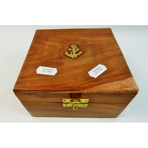 195 - Reproduction Ships Sextant in purpose made box with brass maritime emblem. See photos.