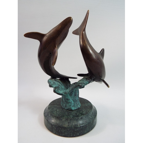 224 - Bronze sculpture of 2 dolphins on a marble base, standing 14cm tall