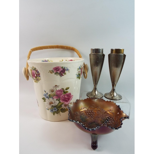 247 - Large ceramic bucket with lid, a carnival glass bowl and a pair of art deco style vases.