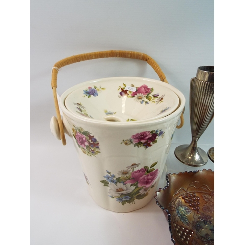 247 - Large ceramic bucket with lid, a carnival glass bowl and a pair of art deco style vases.