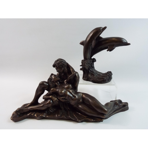 258 - 2 Bronze effect sculptures, one of Lovers and the other of Dolphins.