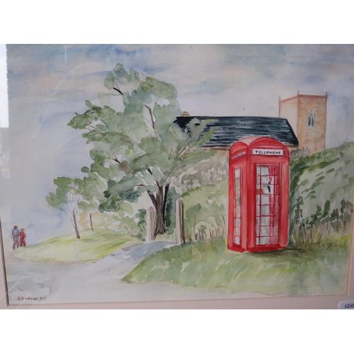 430 - Framed and mounted watercolour under glass of village church and phone box. B Dodsnon 23 x 20 see ph... 