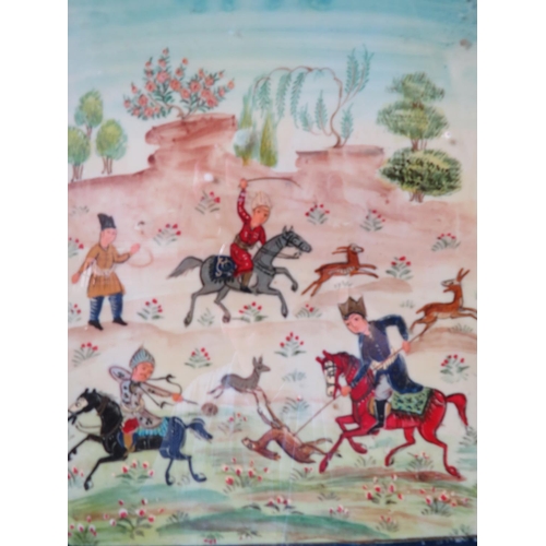 434 - Rajput style Hand painted on ceramic tile, Eastern Hunting scene. Cobalt border. Inlaid frame. Measu... 