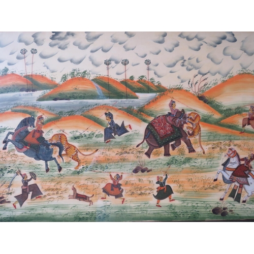 436 - Large Rajput Style Tiger hunting scene, handpainted onto silk. Framed and mounted under glass. Measu... 