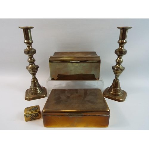 301 - Mixed brass lot, Cigarette boxes, snuff box and candlesticks.