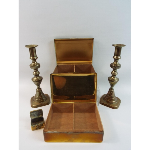 301 - Mixed brass lot, Cigarette boxes, snuff box and candlesticks.